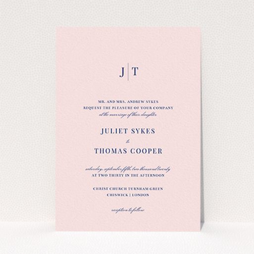A personalised wedding invitation design called "Tradition in Pink". It is an A6 invite in a portrait orientation. "Tradition in Pink" is available as a flat invite, with mainly pink colouring.