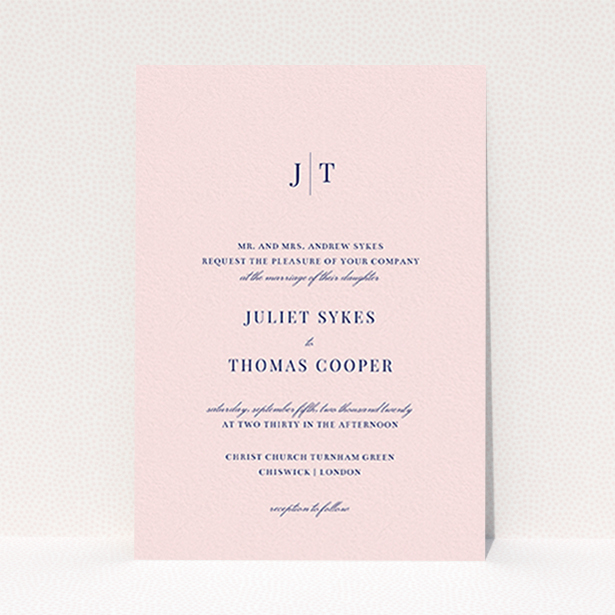 A personalised wedding invitation design called "Tradition in Pink". It is an A6 invite in a portrait orientation. "Tradition in Pink" is available as a flat invite, with mainly pink colouring.