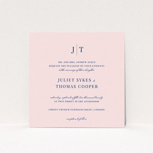 A personalised wedding invitation called "Tradition in Pink". It is a square (148mm x 148mm) invite in a square orientation. "Tradition in Pink" is available as a flat invite, with mainly pink colouring.