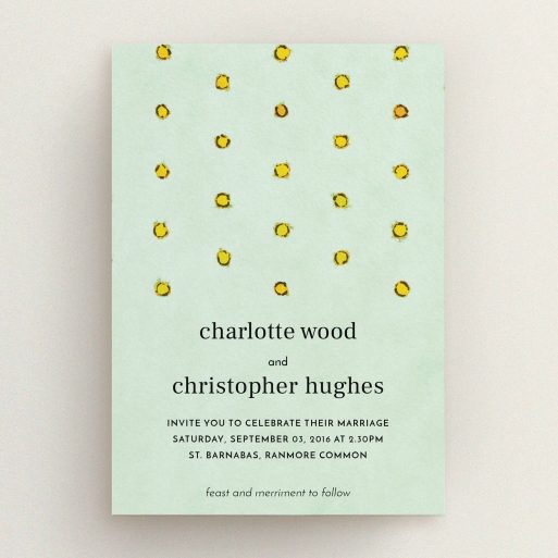 A personalised wedding invitation design named "Turquoise polkadots". It is an A5 invite in a portrait orientation. "Turquoise polkadots" is available as a flat invite, with tones of green and yellow.