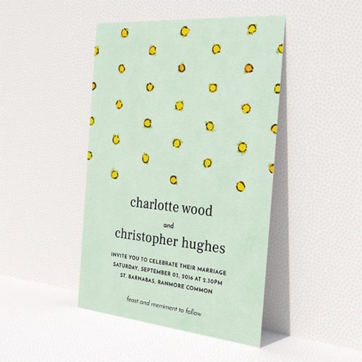A personalised wedding invitation design named 'Turquoise polkadots'. It is an A5 invite in a portrait orientation. 'Turquoise polkadots' is available as a flat invite, with tones of green and yellow.