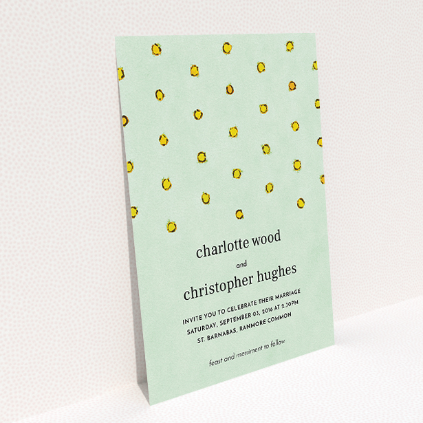 A personalised wedding invitation design named "Turquoise polkadots". It is an A5 invite in a portrait orientation. "Turquoise polkadots" is available as a flat invite, with tones of green and yellow.