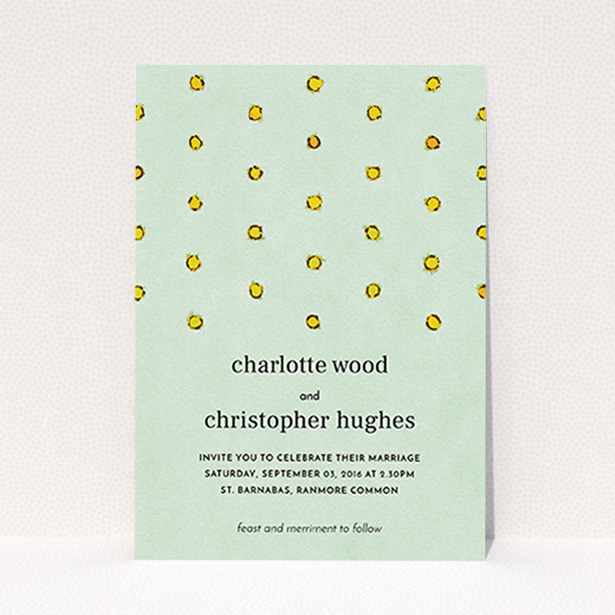 A personalised wedding invitation called "Turquoise polkadots". It is an A6 invite in a portrait orientation. "Turquoise polkadots" is available as a flat invite, with tones of green and yellow.