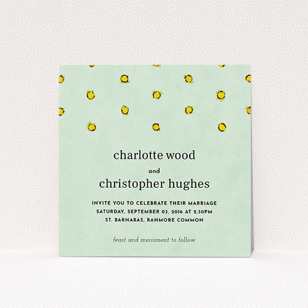 A personalised wedding invitation named "Turquoise polkadots". It is a square (148mm x 148mm) invite in a square orientation. "Turquoise polkadots" is available as a flat invite, with tones of green and yellow.