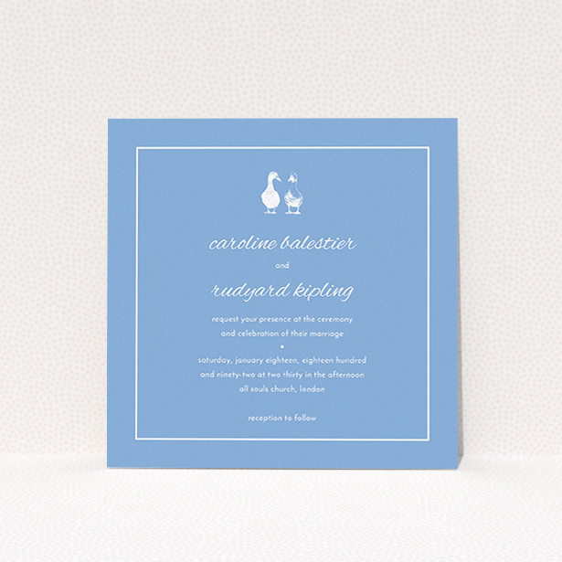 A personalised wedding invitation called "Two little ducks". It is a square (148mm x 148mm) invite in a square orientation. "Two little ducks" is available as a flat invite, with tones of blue and white.