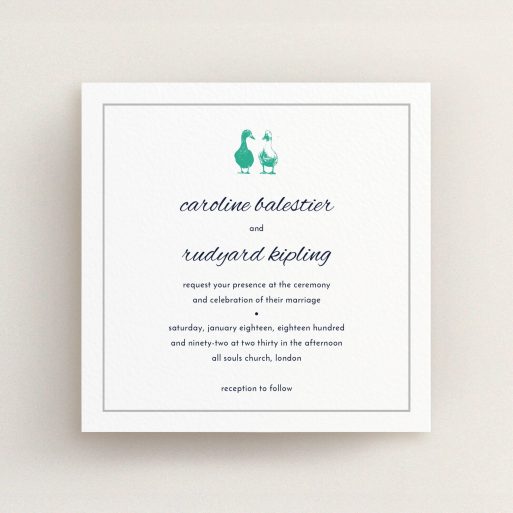 A personalised wedding invitation design called "Two little ducks". It is a square (148mm x 148mm) invite in a square orientation. "Two little ducks" is available as a flat invite, with tones of white and green.