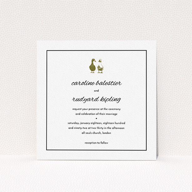 A personalised wedding invitation named "Two little ducks". It is a square (148mm x 148mm) invite in a square orientation. "Two little ducks" is available as a flat invite, with tones of white and Gold.