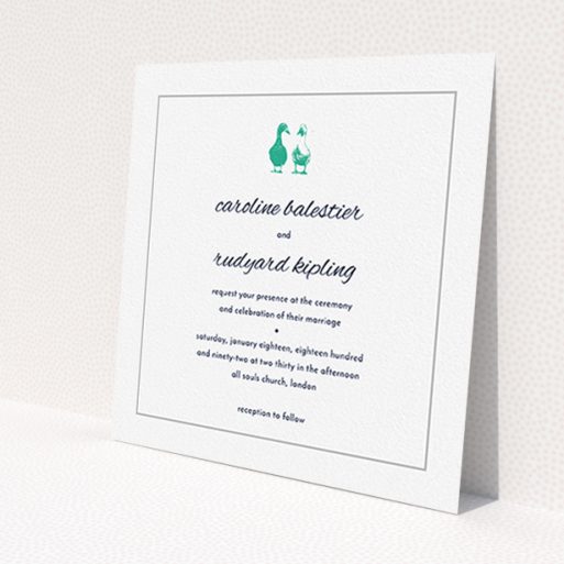 A personalised wedding invitation design called 'Two little ducks'. It is a square (148mm x 148mm) invite in a square orientation. 'Two little ducks' is available as a flat invite, with tones of white and green.