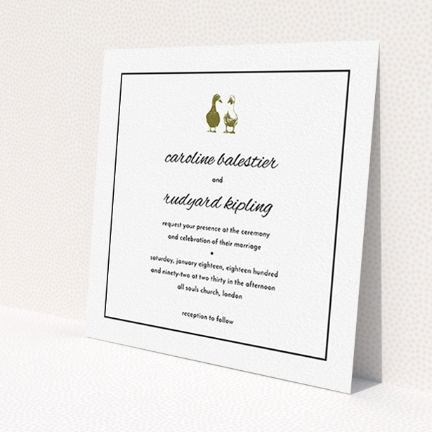 A personalised wedding invitation named "Two little ducks". It is a square (148mm x 148mm) invite in a square orientation. "Two little ducks" is available as a flat invite, with tones of white and Gold.