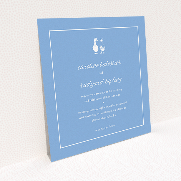 A personalised wedding invitation called "Two little ducks". It is a square (148mm x 148mm) invite in a square orientation. "Two little ducks" is available as a flat invite, with tones of blue and white.