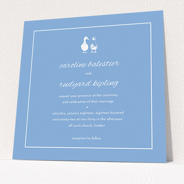 A personalised wedding invitation called "Two little ducks". It is a square (148mm x 148mm) invite in a square orientation. "Two little ducks" is available as a flat invite, with tones of blue and white.