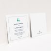 A personalised wedding invitation design called "Two little ducks". It is a square (148mm x 148mm) invite in a square orientation. "Two little ducks" is available as a flat invite, with tones of white and green.