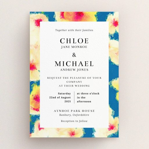 A personalised wedding invitation template titled "Water Garden". It is an A5 invite in a portrait orientation. "Water Garden" is available as a flat invite, with tones of orange, blue and yellow.
