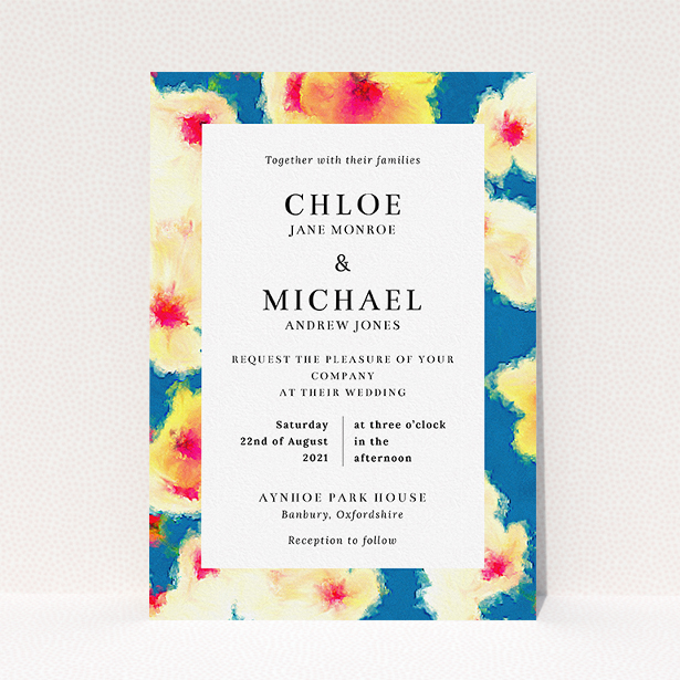 A personalised wedding invitation template titled "Water Garden". It is an A5 invite in a portrait orientation. "Water Garden" is available as a flat invite, with tones of orange, blue and yellow.