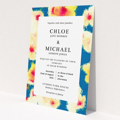 A personalised wedding invitation template titled 'Water Garden'. It is an A5 invite in a portrait orientation. 'Water Garden' is available as a flat invite, with tones of orange, blue and yellow.