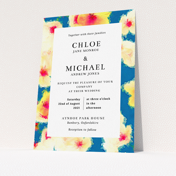 A personalised wedding invitation template titled "Water Garden". It is an A5 invite in a portrait orientation. "Water Garden" is available as a flat invite, with tones of orange, blue and yellow.