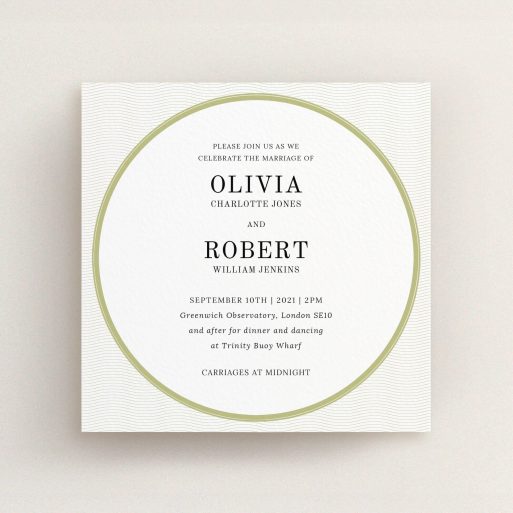 A personalised wedding invitation called "Wave Lines". It is a square (148mm x 148mm) invite in a square orientation. "Wave Lines" is available as a flat invite, with tones of gold and white.
