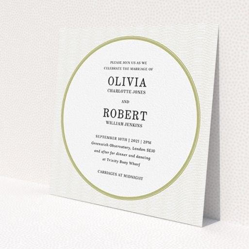 A personalised wedding invitation called 'Wave Lines'. It is a square (148mm x 148mm) invite in a square orientation. 'Wave Lines' is available as a flat invite, with tones of gold and white.