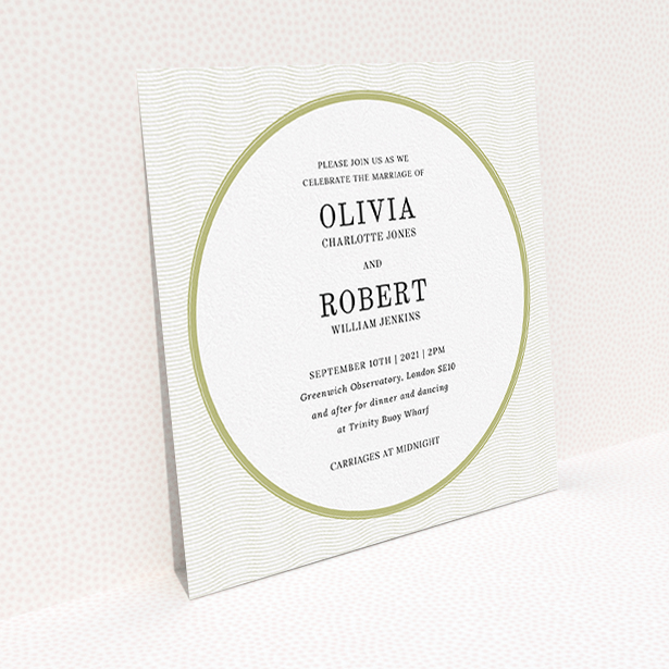 A personalised wedding invitation called "Wave Lines". It is a square (148mm x 148mm) invite in a square orientation. "Wave Lines" is available as a flat invite, with tones of gold and white.