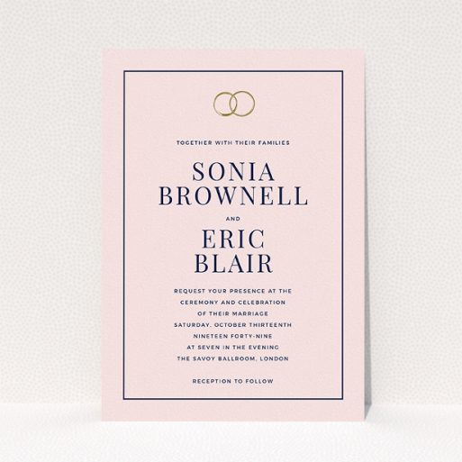 A personalised wedding invitation design titled "Wedding bands". It is an A5 invite in a portrait orientation. "Wedding bands" is available as a flat invite, with mainly pink colouring.