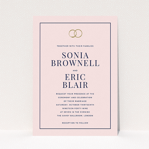 A personalised wedding invitation design titled "Wedding bands". It is an A5 invite in a portrait orientation. "Wedding bands" is available as a flat invite, with mainly pink colouring.