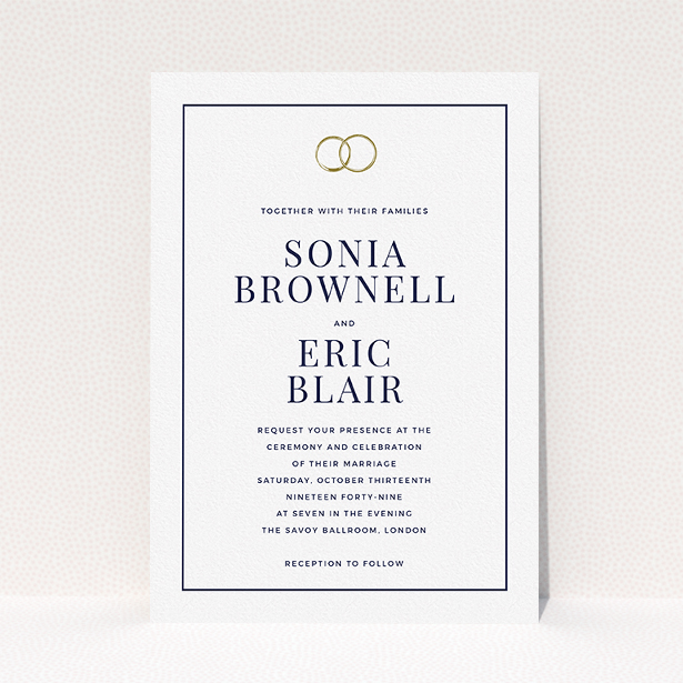A personalised wedding invitation template titled "Wedding bands". It is an A5 invite in a portrait orientation. "Wedding bands" is available as a flat invite, with mainly white colouring.