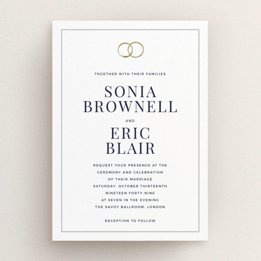 A personalised wedding invitation called "Wedding bands". It is an A5 invite in a portrait orientation. "Wedding bands" is available as a flat invite, with mainly white colouring.