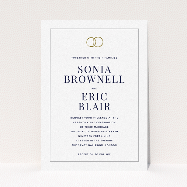 A personalised wedding invitation called "Wedding bands". It is an A5 invite in a portrait orientation. "Wedding bands" is available as a flat invite, with mainly white colouring.