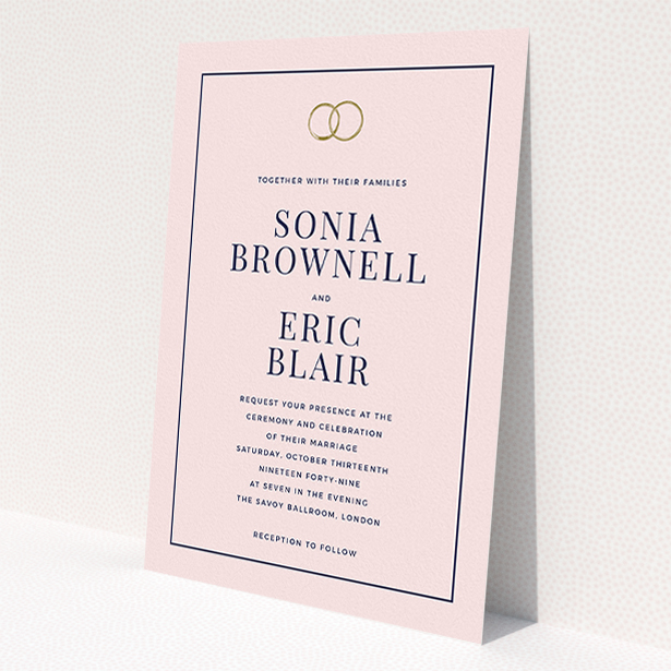 A personalised wedding invitation design titled "Wedding bands". It is an A5 invite in a portrait orientation. "Wedding bands" is available as a flat invite, with mainly pink colouring.