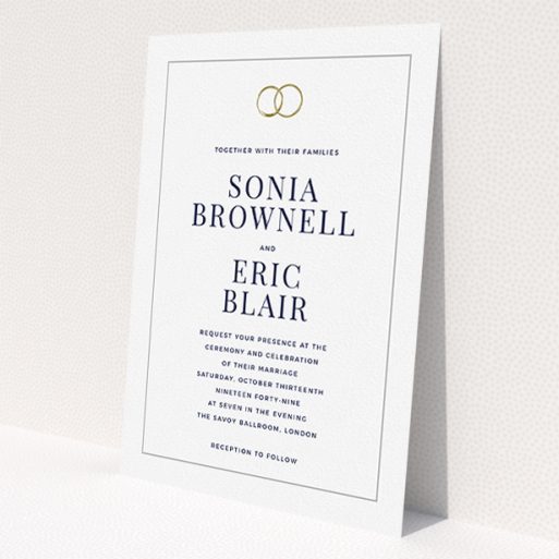 A personalised wedding invitation called 'Wedding bands'. It is an A5 invite in a portrait orientation. 'Wedding bands' is available as a flat invite, with mainly white colouring.