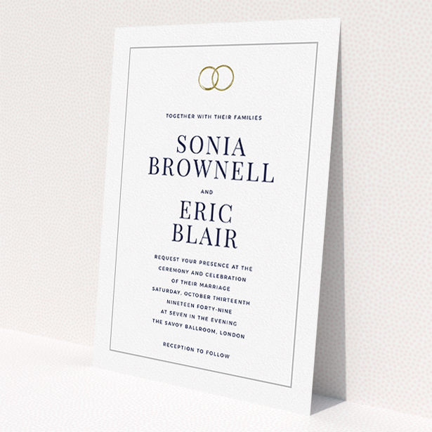 A personalised wedding invitation called "Wedding bands". It is an A5 invite in a portrait orientation. "Wedding bands" is available as a flat invite, with mainly white colouring.