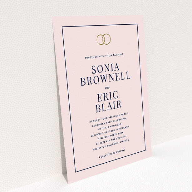 A personalised wedding invitation design titled "Wedding bands". It is an A5 invite in a portrait orientation. "Wedding bands" is available as a flat invite, with mainly pink colouring.