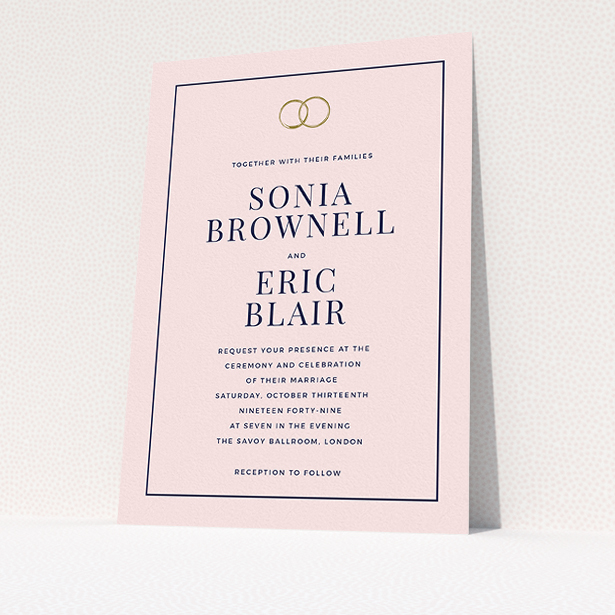 A personalised wedding invitation design titled "Wedding bands". It is an A5 invite in a portrait orientation. "Wedding bands" is available as a flat invite, with mainly pink colouring.