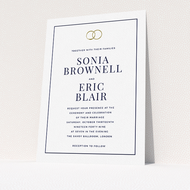 A personalised wedding invitation template titled "Wedding bands". It is an A5 invite in a portrait orientation. "Wedding bands" is available as a flat invite, with mainly white colouring.