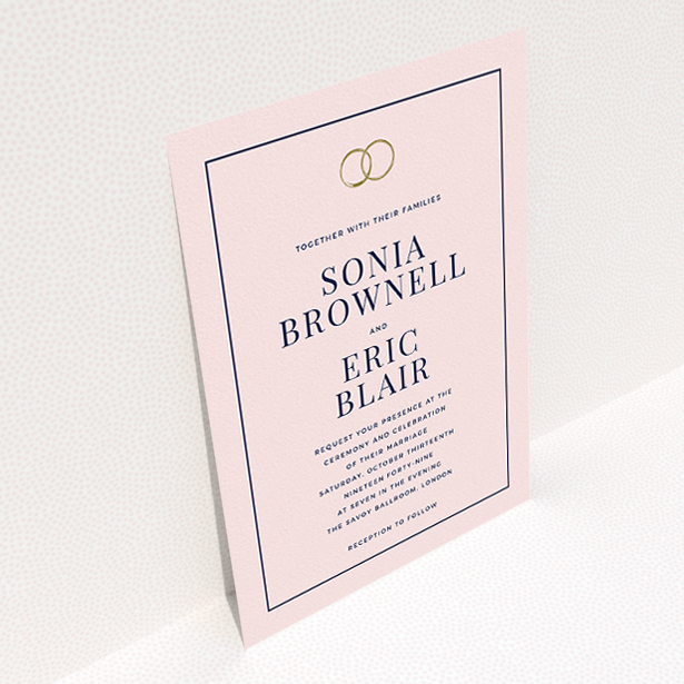 A personalised wedding invitation design titled "Wedding bands". It is an A5 invite in a portrait orientation. "Wedding bands" is available as a flat invite, with mainly pink colouring.