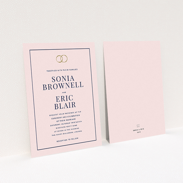 A personalised wedding invitation design titled "Wedding bands". It is an A5 invite in a portrait orientation. "Wedding bands" is available as a flat invite, with mainly pink colouring.