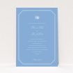 A personalised wedding invitation template titled "Wedding bells". It is an A5 invite in a portrait orientation. "Wedding bells" is available as a flat invite, with tones of blue and white.