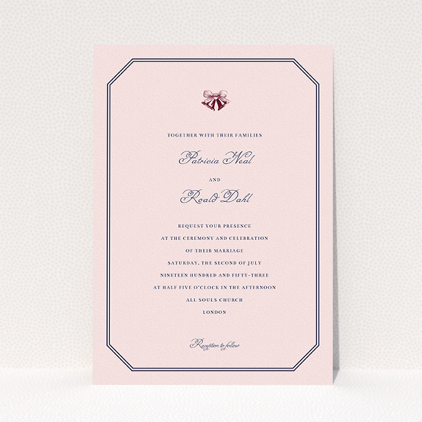 A personalised wedding invitation design named "Wedding bells". It is an A5 invite in a portrait orientation. "Wedding bells" is available as a flat invite, with mainly pink colouring.
