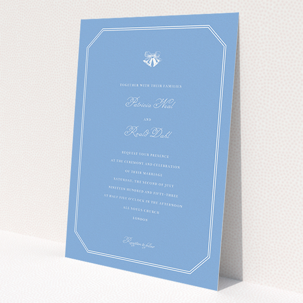 A personalised wedding invitation template titled "Wedding bells". It is an A5 invite in a portrait orientation. "Wedding bells" is available as a flat invite, with tones of blue and white.