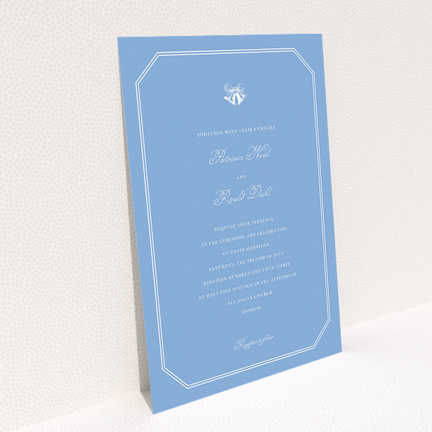 A personalised wedding invitation template titled "Wedding bells". It is an A5 invite in a portrait orientation. "Wedding bells" is available as a flat invite, with tones of blue and white.