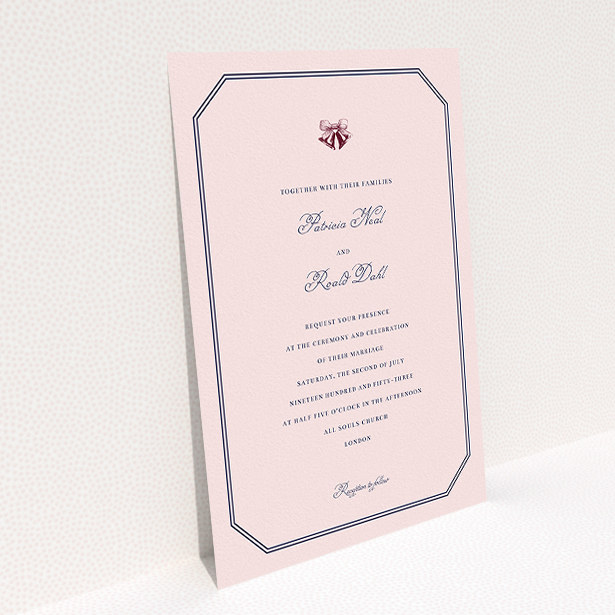 A personalised wedding invitation design named "Wedding bells". It is an A5 invite in a portrait orientation. "Wedding bells" is available as a flat invite, with mainly pink colouring.