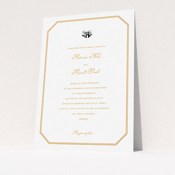 A personalised wedding invitation named "Wedding bells". It is an A5 invite in a portrait orientation. "Wedding bells" is available as a flat invite, with tones of orange and white.