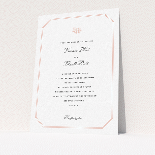 A personalised wedding invitation template titled "Wedding bells". It is an A5 invite in a portrait orientation. "Wedding bells" is available as a flat invite, with tones of pink and white.