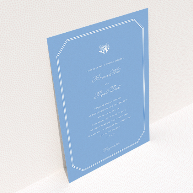 A personalised wedding invitation template titled "Wedding bells". It is an A5 invite in a portrait orientation. "Wedding bells" is available as a flat invite, with tones of blue and white.