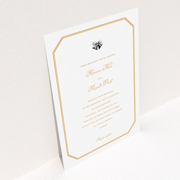 A personalised wedding invitation named "Wedding bells". It is an A5 invite in a portrait orientation. "Wedding bells" is available as a flat invite, with tones of orange and white.