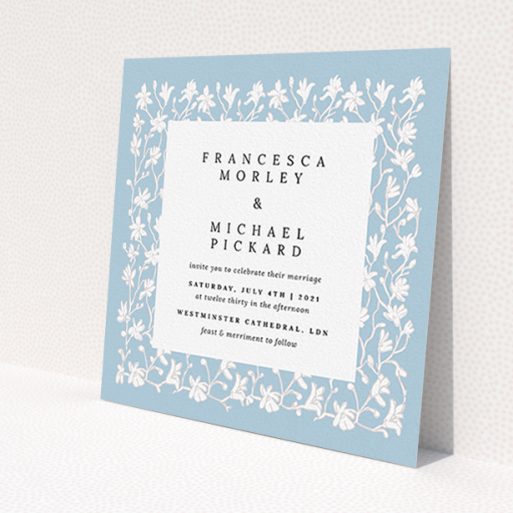 A personalised wedding invitation design named 'White Ivy'. It is a square (148mm x 148mm) invite in a square orientation. 'White Ivy' is available as a flat invite, with tones of blue and white.
