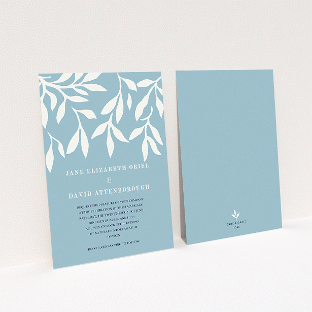 A personalised wedding invitation called "Winter bloom". It is an A5 invite in a portrait orientation. "Winter bloom" is available as a flat invite, with tones of blue and white.