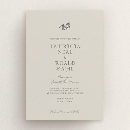 A personalised wedding invitation design called "Woodland dusk". It is an A5 invite in a portrait orientation. "Woodland dusk" is available as a flat invite, with mainly dark cream colouring.