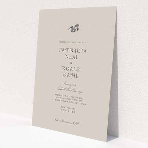 A personalised wedding invitation design called 'Woodland dusk'. It is an A5 invite in a portrait orientation. 'Woodland dusk' is available as a flat invite, with mainly dark cream colouring.