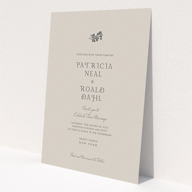 A personalised wedding invitation design called "Woodland dusk". It is an A5 invite in a portrait orientation. "Woodland dusk" is available as a flat invite, with mainly dark cream colouring.